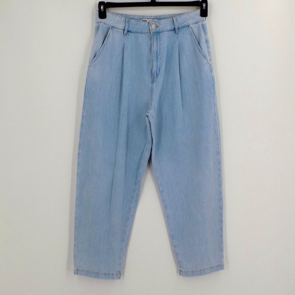 Zara Jeans Zara High Rise Baggy Tapered Leg Chambray Wash Denim